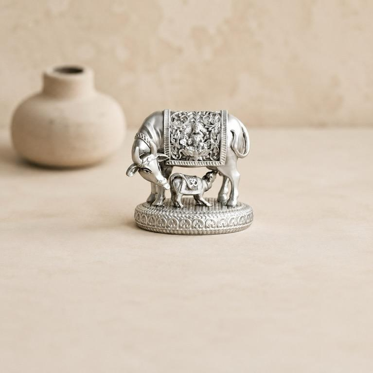 Rajat Kamdhenu silver-finish cow and calf showpiece, handcrafted metal craft