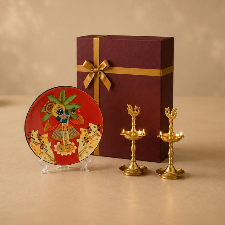 Gopal Utsav hamper, handcrafted metal lamp and Pichwai art plate
