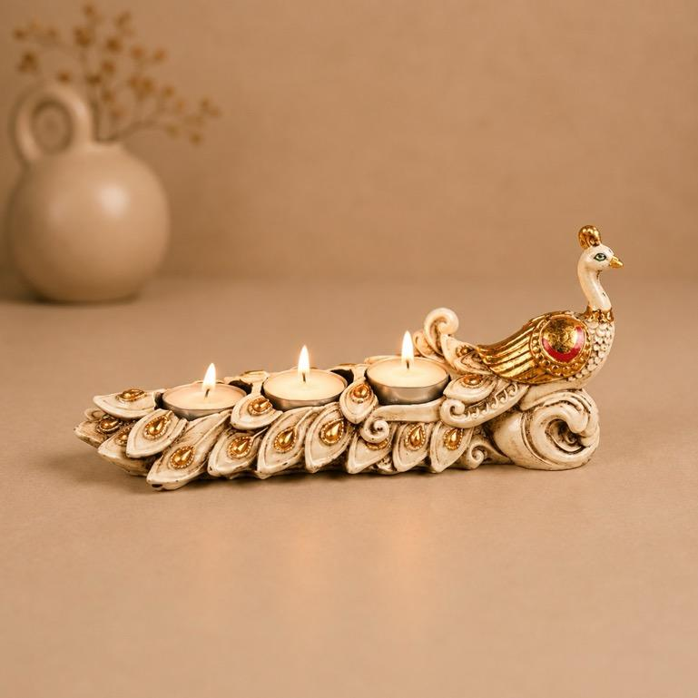 Shwet Mayur ivory peacock tealight runner, handcrafted resin