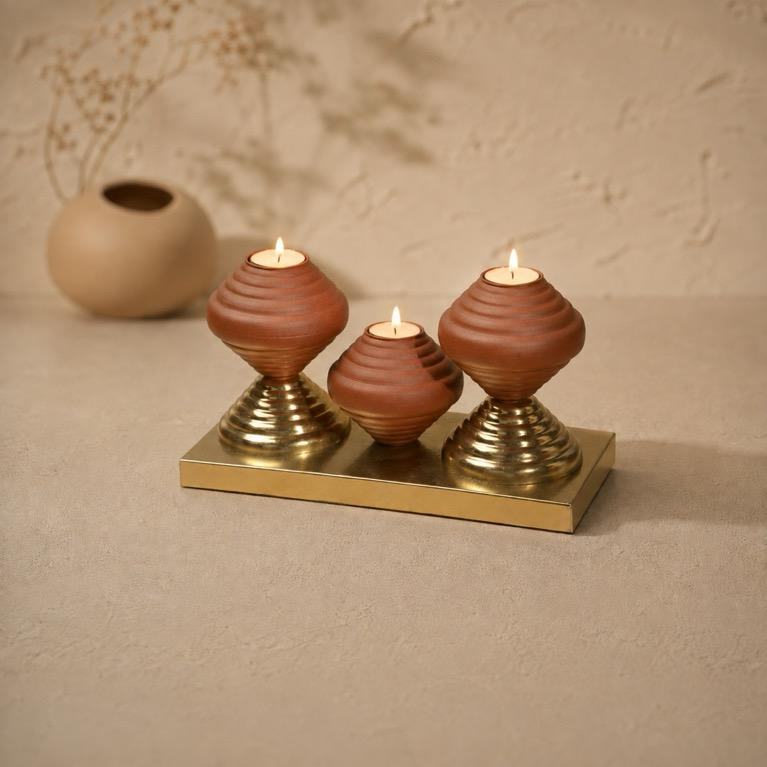 Trimatki Triple Terracotta Pot Tealight Tray, handcrafted metal craft