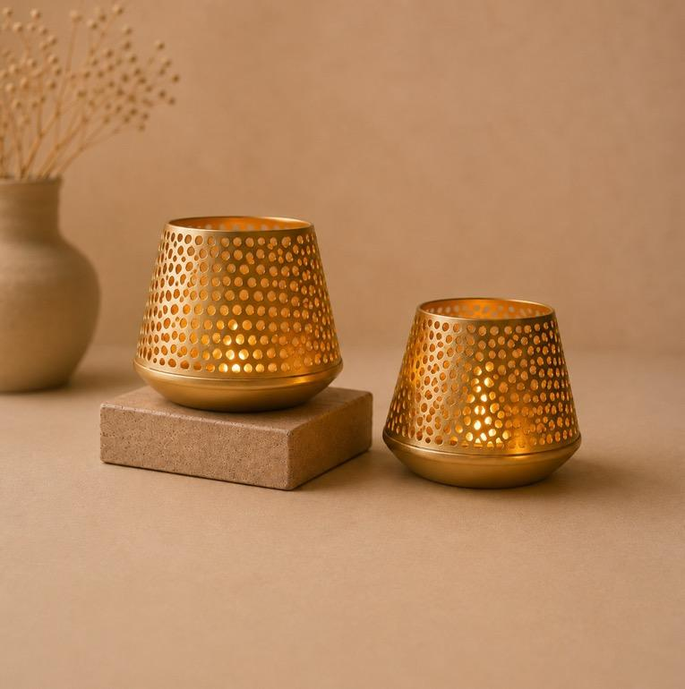 Jaali Cups Perforated Brass Tealight Cup Pair, handcrafted metal craft