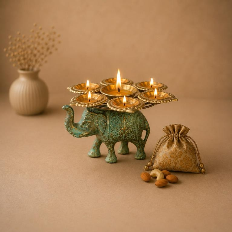 Gaja Jyoti Verdigris Elephant Diya Tray, handcrafted metal craft