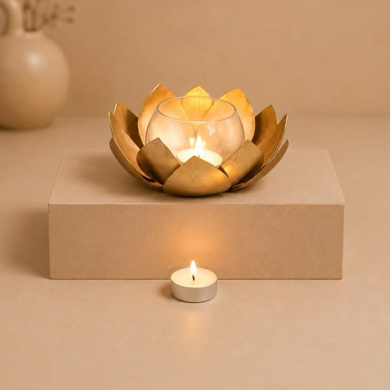 Kamal Diya Metal Lotus Glass Tealight Holder, handcrafted metal craft