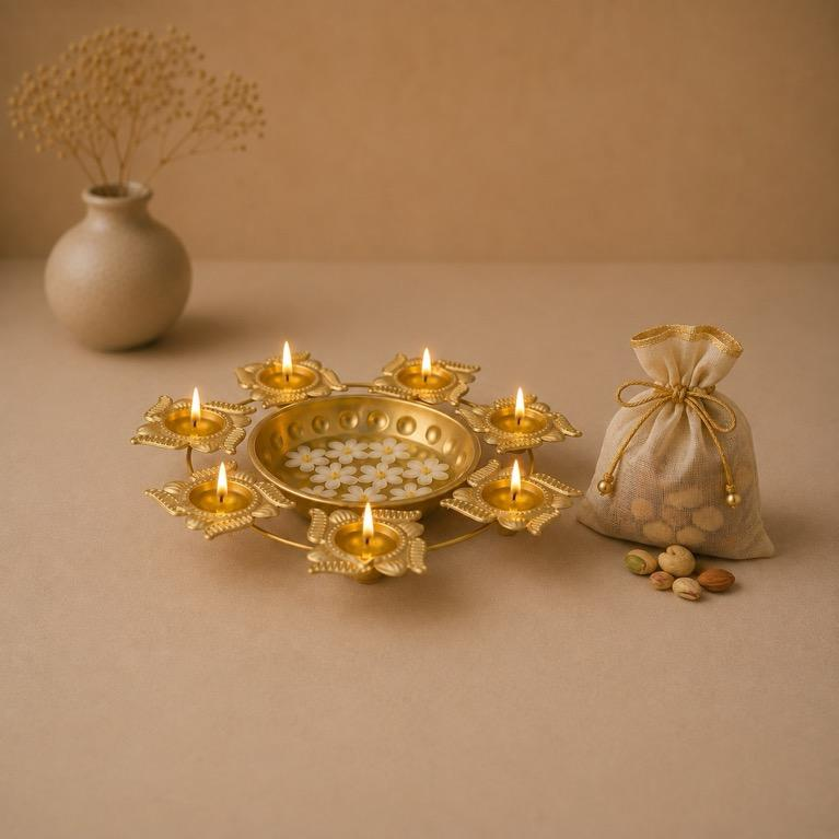 Phulwari Metal Diya Ring Set with Dry Fruit Pouch, handcrafted metal craft