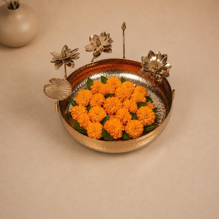 Tamra Sarovar Copper Floral Urli Centrepiece, handcrafted Metal Craft (Moradabad)