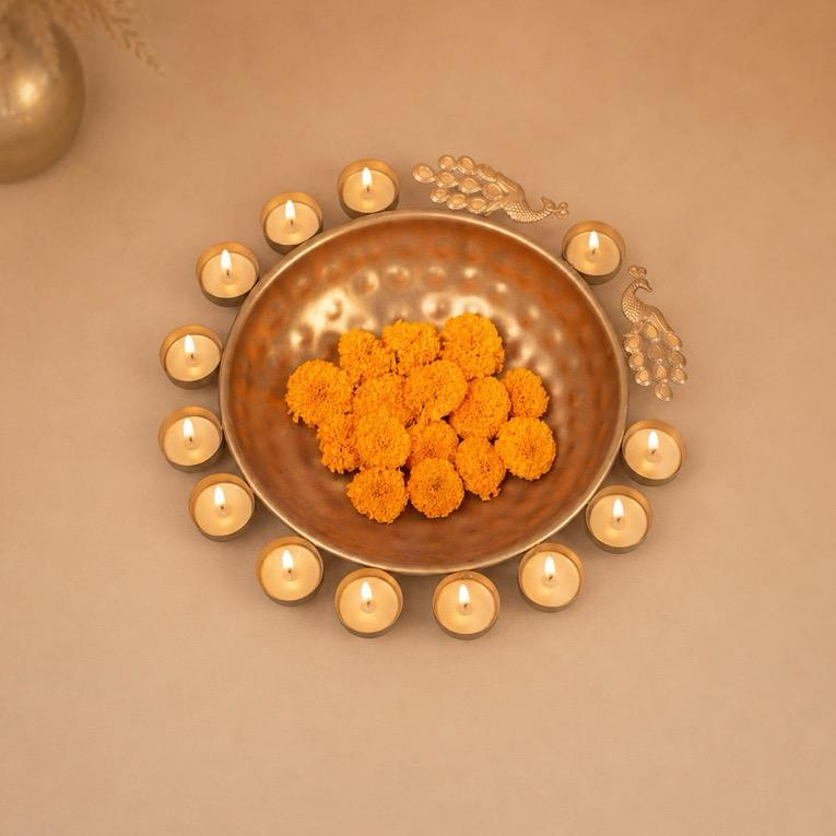 Tamra Deep Copper Urli with Tealight Ring, handcrafted Metal Craft (Moradabad)