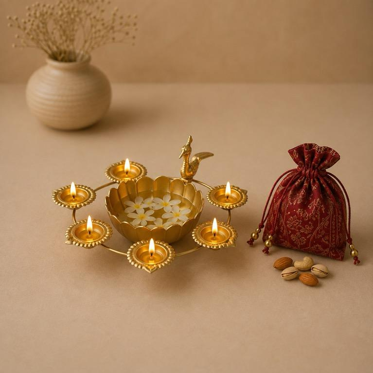 Kamalini Metal Lotus Diya Urli with Bird, handcrafted Metal Craft (Moradabad)