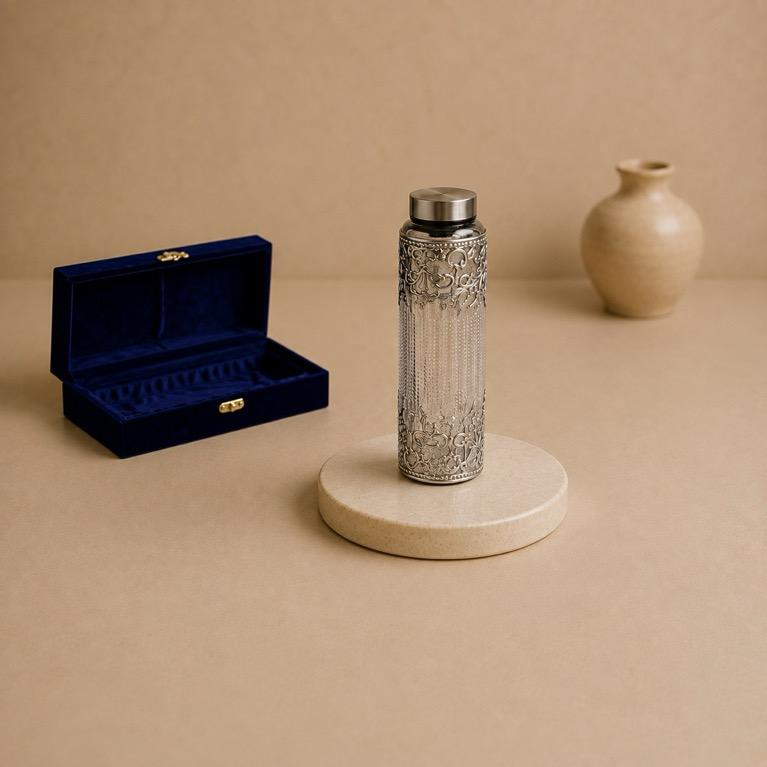 Rajat-Kaam Kanch Jal Botal, handcrafted silver-work glass bottle