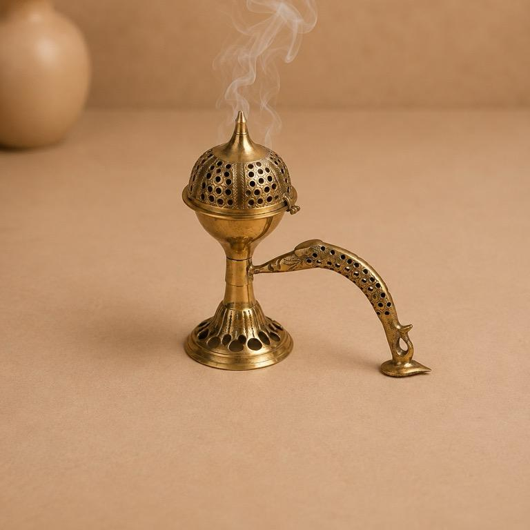 Araj Brass Peacock-Handle Incense Burner, handcrafted brass metal craft