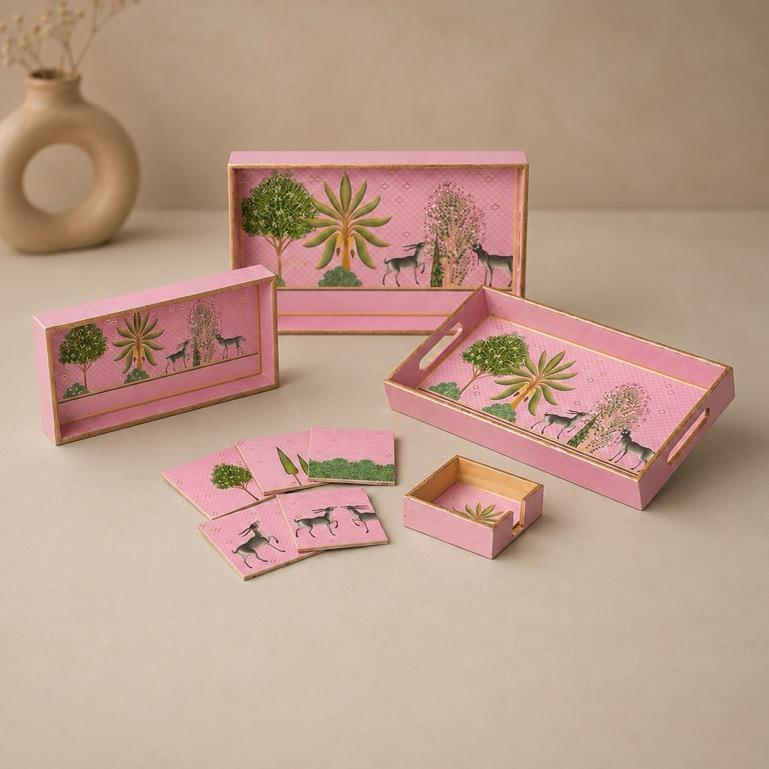 Nilaya Hand-Painted Epoxy Tray and Coaster Set, handcrafted epoxy art