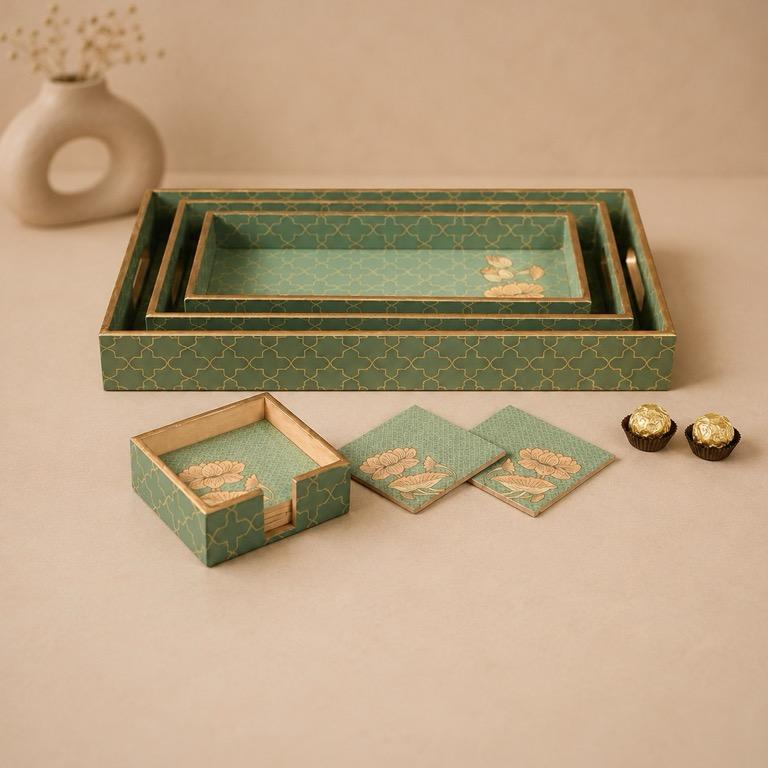 Bagh Hand-Painted Epoxy Tray and Coaster Set, handcrafted epoxy art