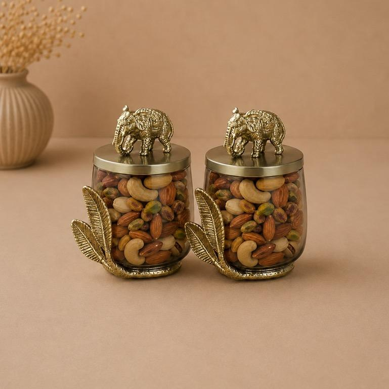 Gaja Kalash Elephant-Top Dry Fruit Jars, handcrafted metal craft