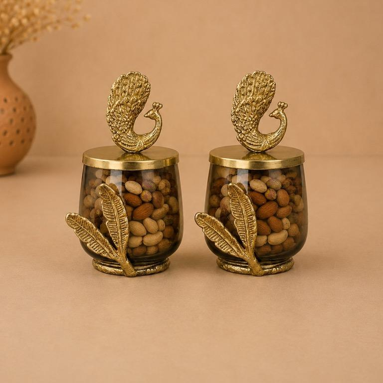Mayur Kalash Peacock-Top Dry Fruit Jars, handcrafted metal craft