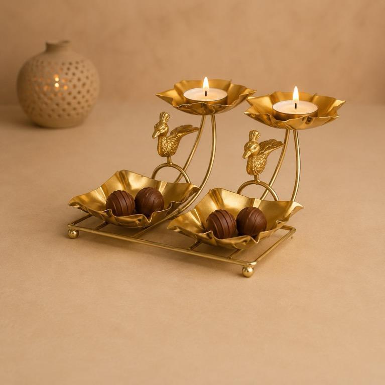 Yugmayur Thaal Twin Peacock Tealight Server, handcrafted metal craft