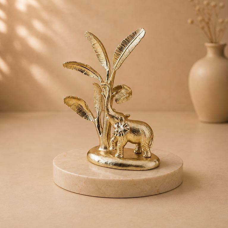 Gaja Vana, handcrafted elephant under palm tree metal figurine