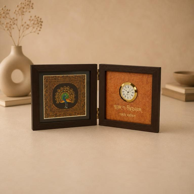 Abhishek Smriti Dual Frame, handcrafted miniature art with clock