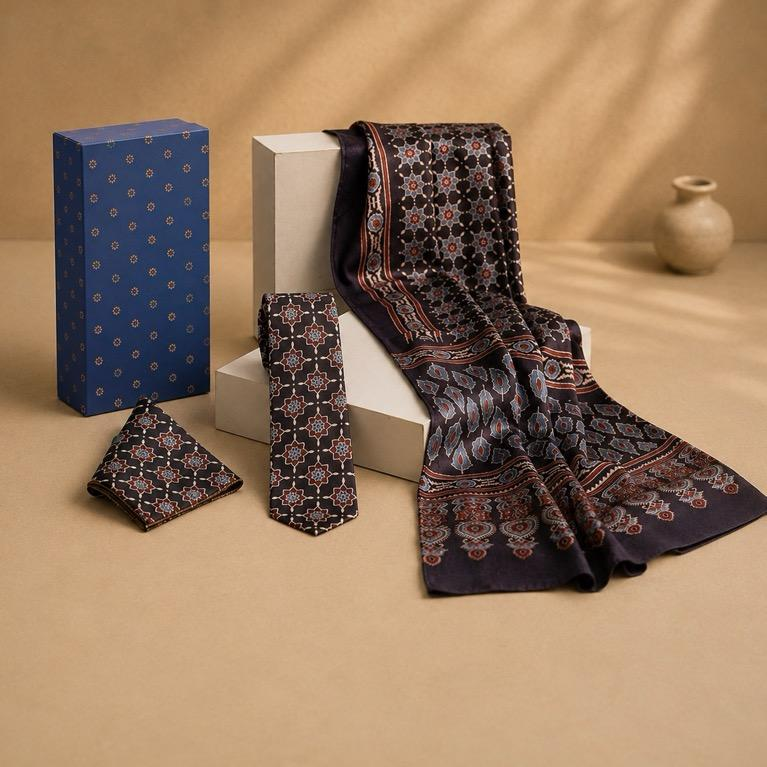 Ajrakh Nazaakat Tie, Pocket Square & Stole Set, handcrafted Ajrakh print