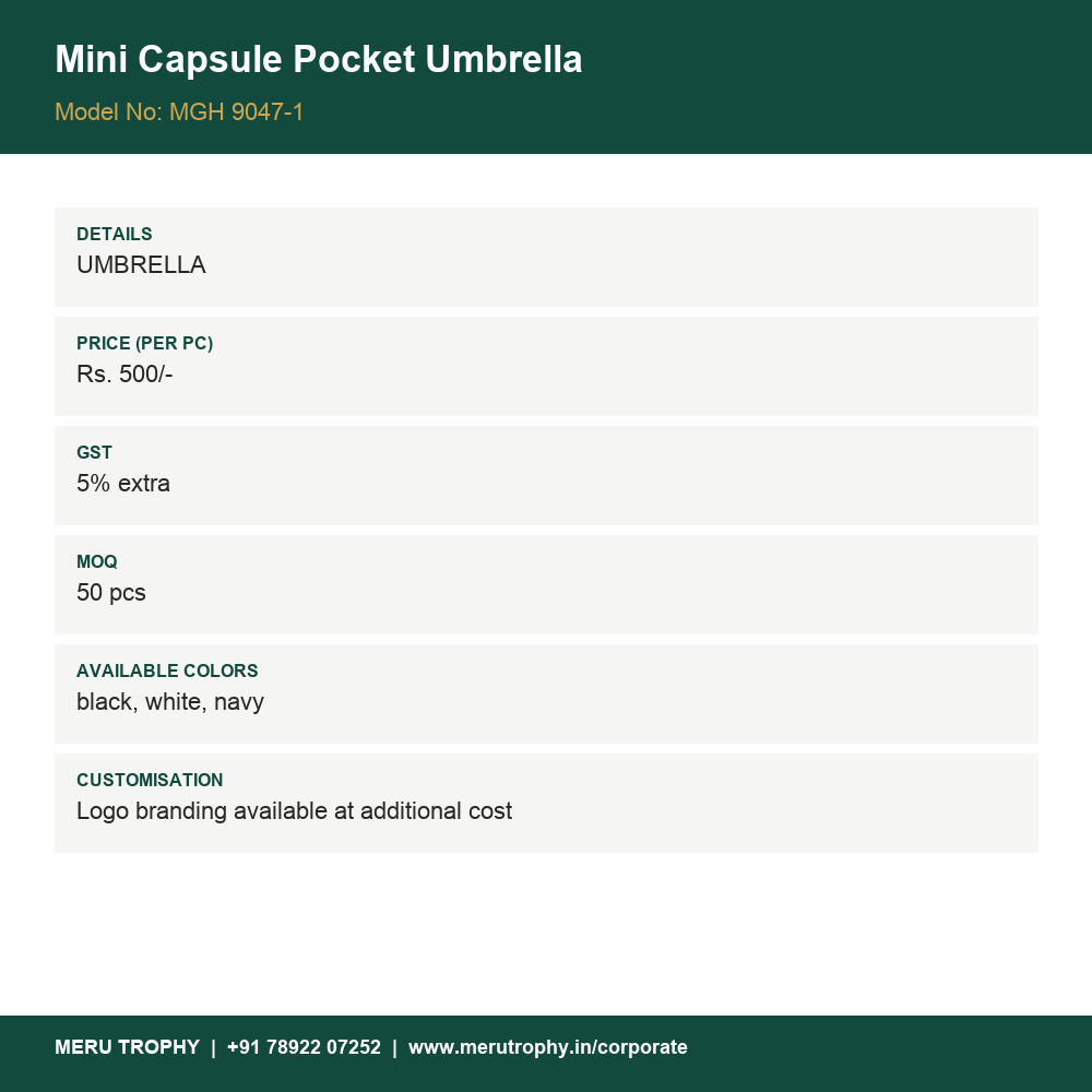 Mini Capsule Pocket Umbrella - product details card - Meru Trophy corporate gifting