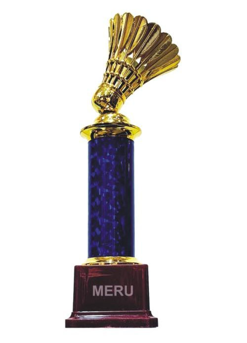 Golden badminton shuttlecock trophy; a beautiful fiber trophy design.