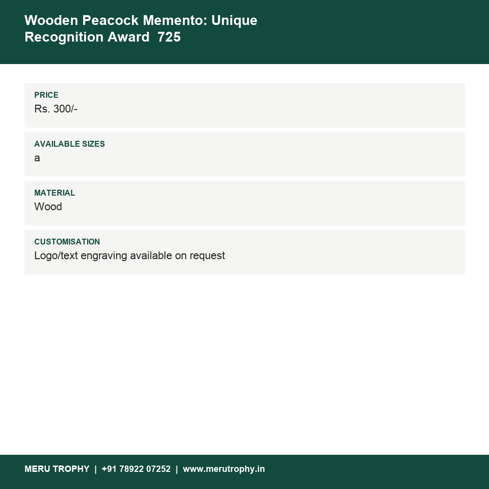 Wooden Peacock Memento: Unique Recognition Award 725 details - Meru Trophy