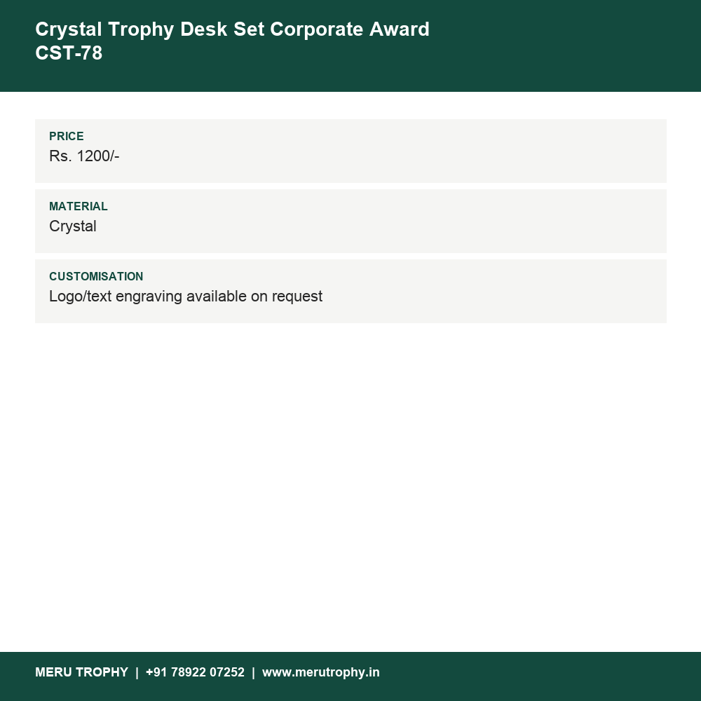 Crystal Trophy Desk Set Corporate Award CST-78 details - Meru Trophy
