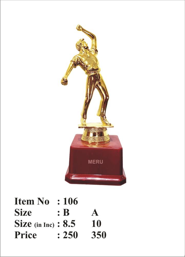 Gold cricket trophy featuring a dynamic bowler.