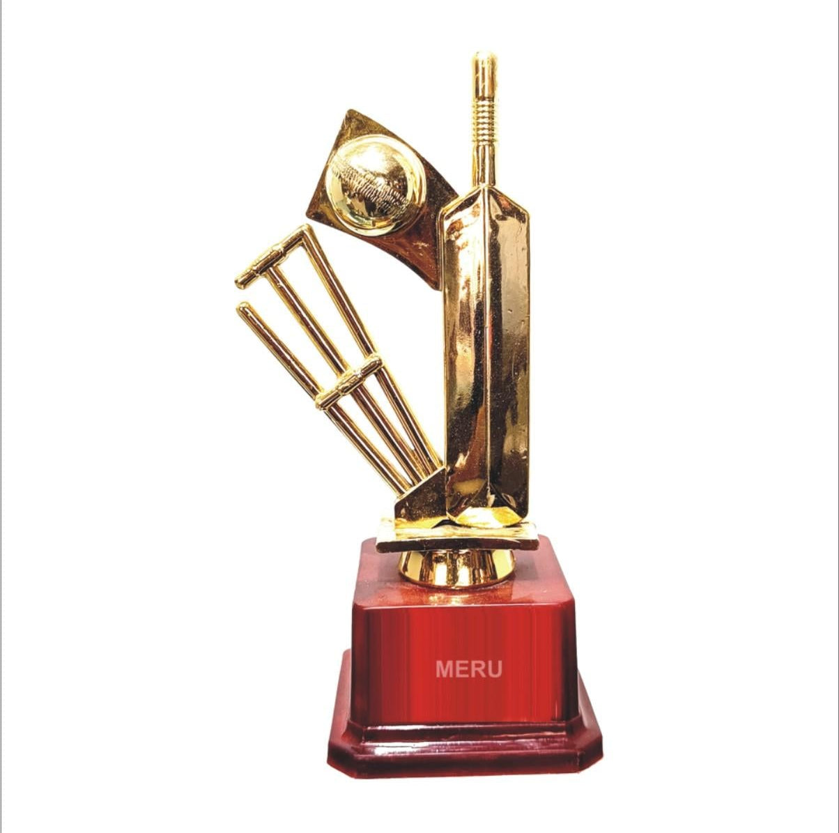 Gold cricket trophy with bat; ball; and wickets - perfect fiber trophy for sports awards.