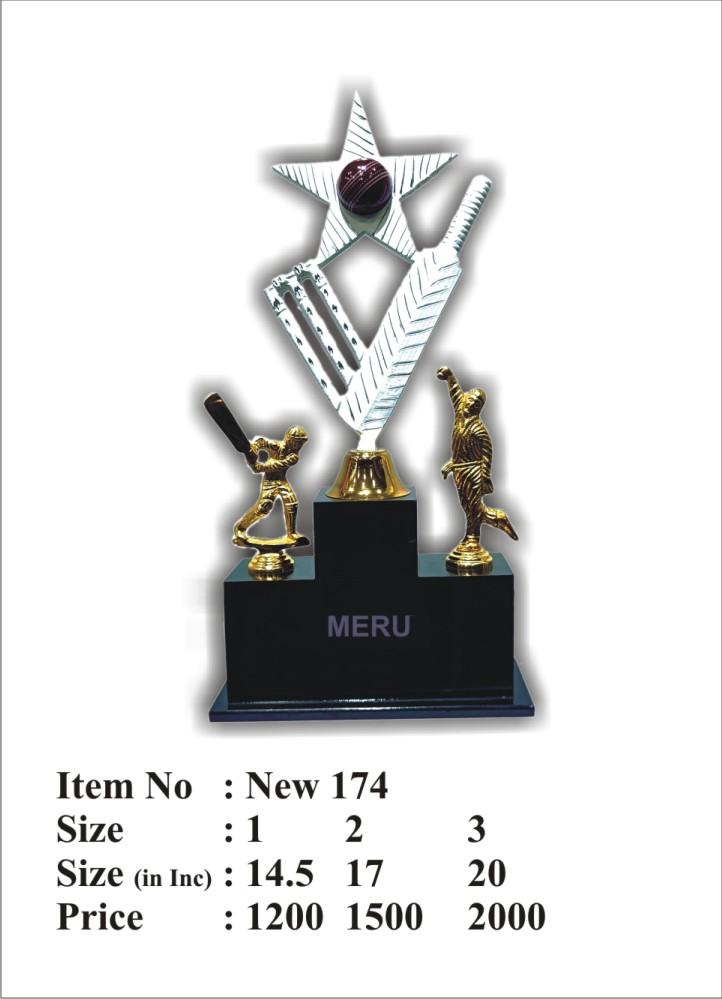 Detailed image of a metal cricket trophy with a star backdrop and miniature cricketers.