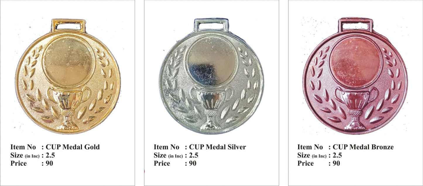 Gold silver bronze athletic medal with trophy design; perfect for awards ceremonies.