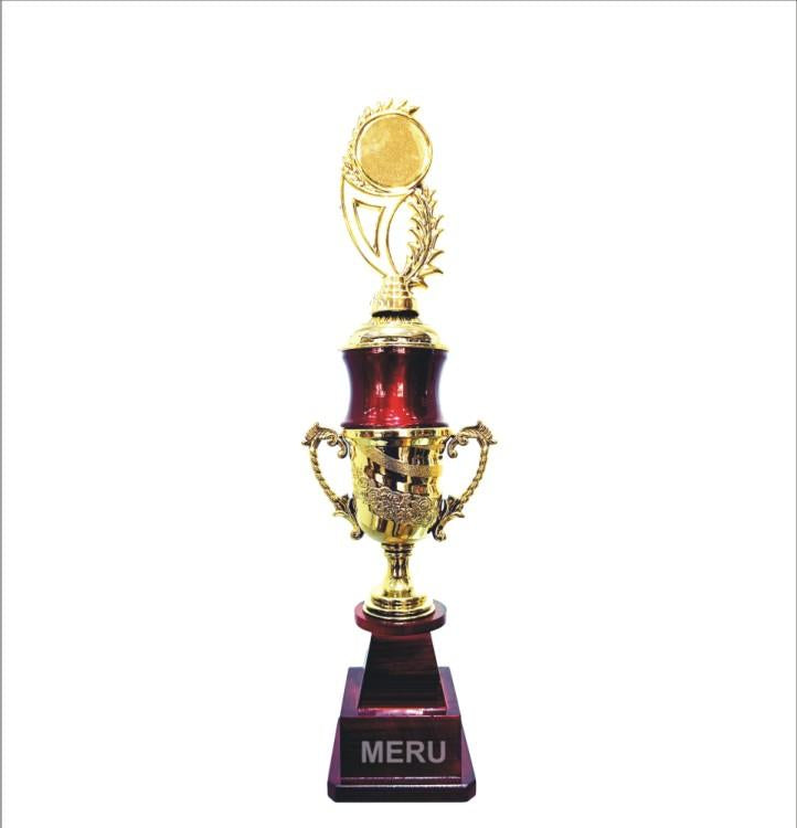 Elegant maroon and gold Fibre Trophy award; ideal for recognizing achievements.
