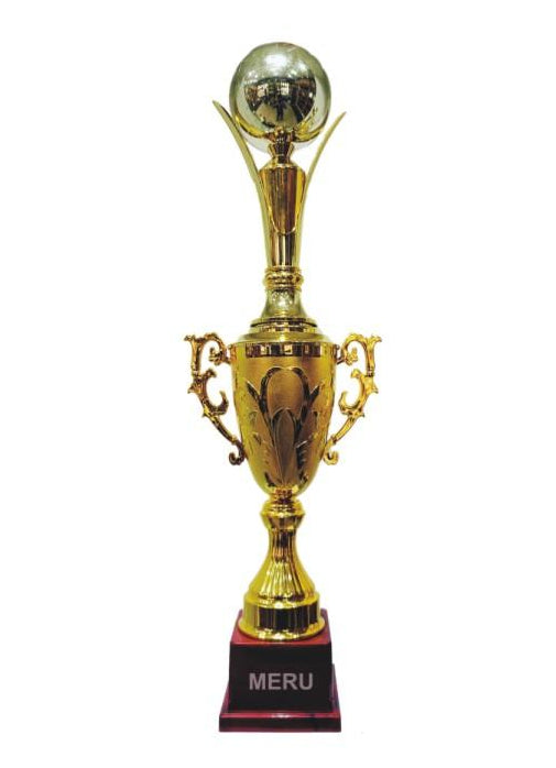 Gold metal trophy with a sphere and cup design; perfect for sports awards.