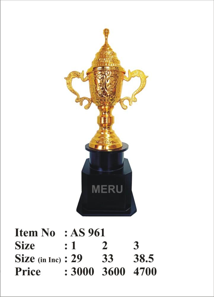 Gold metal trophy with ornate handles; ideal for sports awards and corporate recognition.