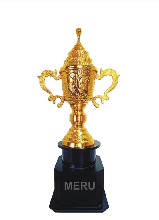 Gold metal trophy with ornate handles; ideal for sports awards and corporate recognition.
