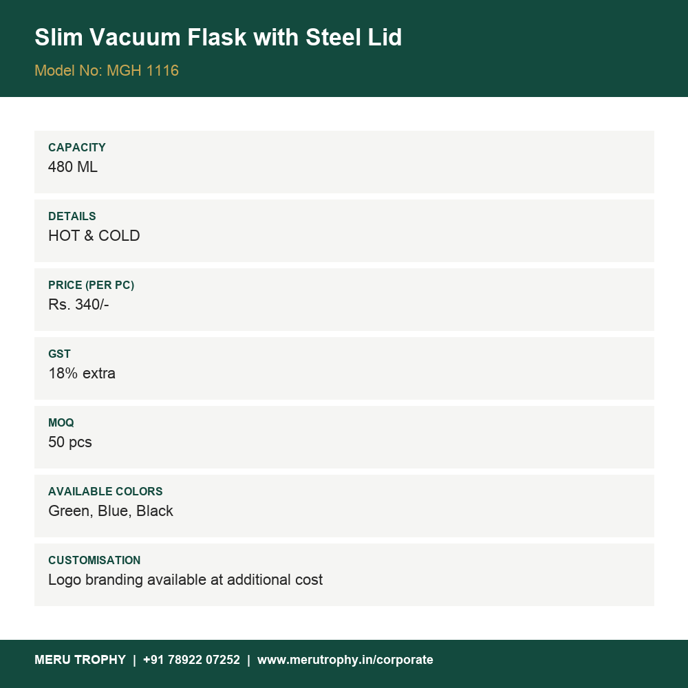 Slim Vacuum Flask with Steel Lid - details - Meru Trophy corporate gifting