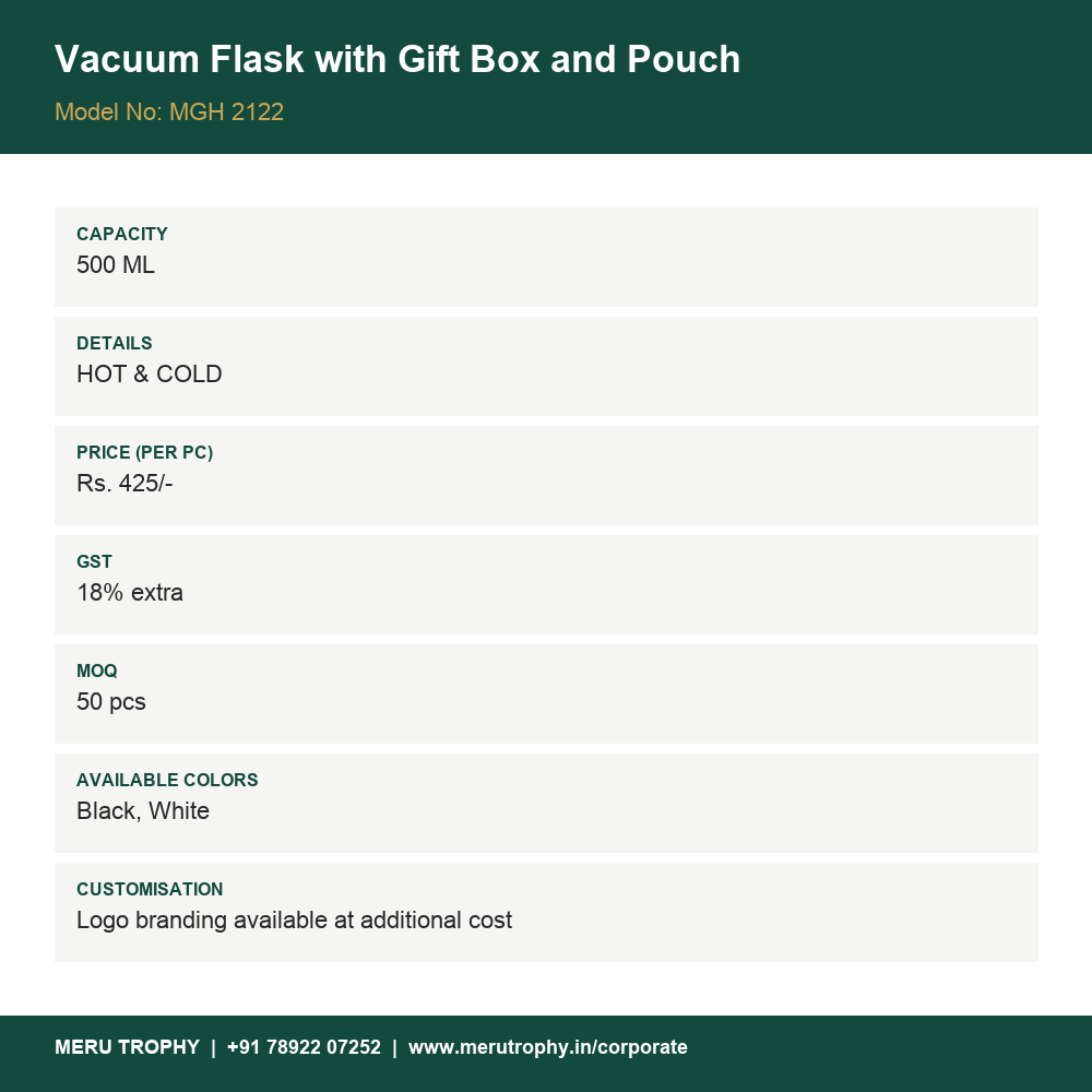 Vacuum Flask with Gift Box and Pouch - detail card - Meru Trophy corporate gifting