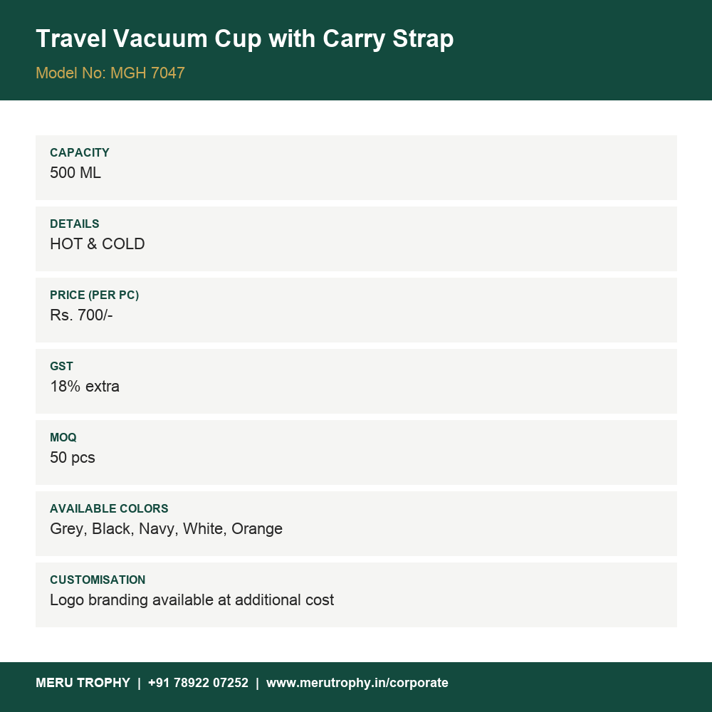 Travel Vacuum Cup with Carry Strap - product detail card - Meru Trophy corporate gifting