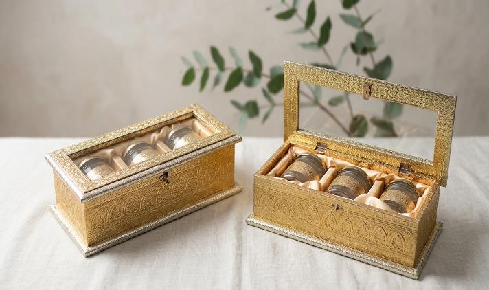 Rajputana Style Boxes 3-Jar Festive Gift Box (METAL A-066)