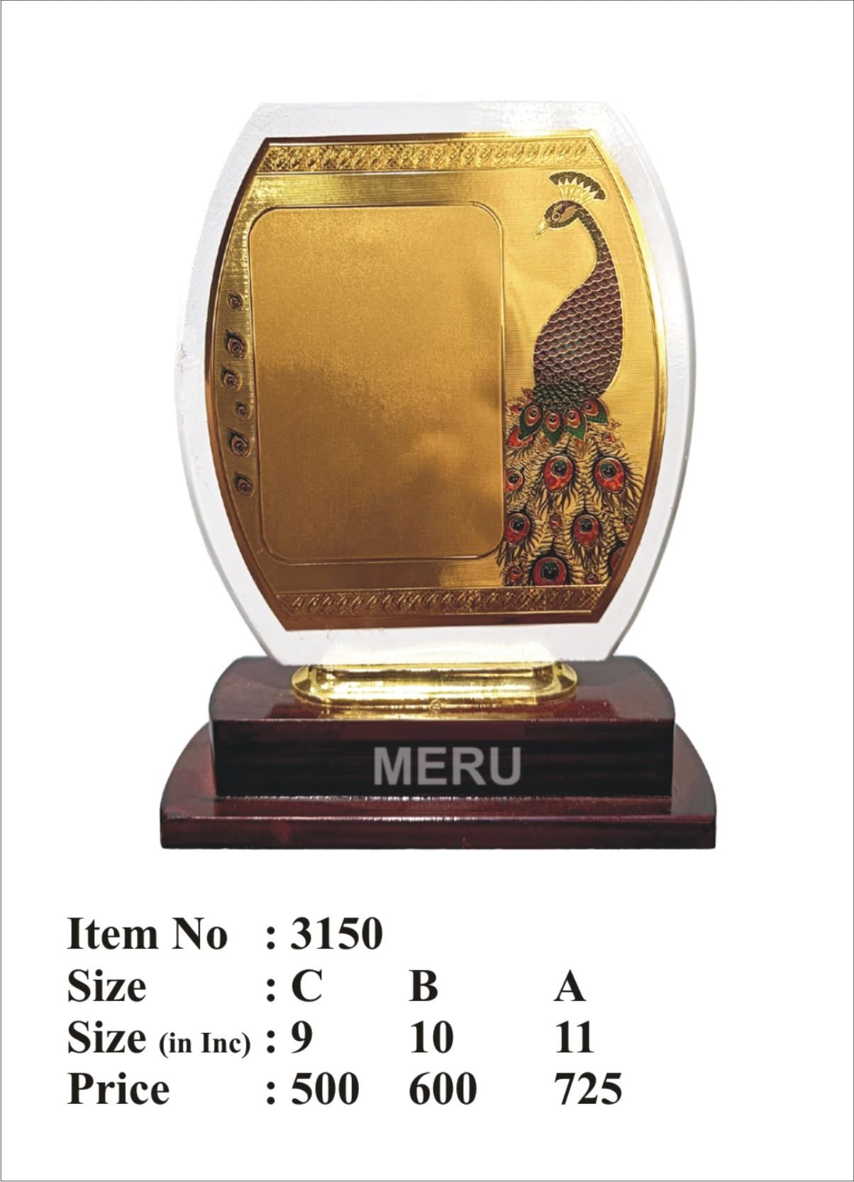 Personalized wooden memento trophy with gold peacock design; ideal for employee awards.