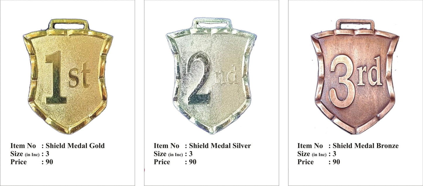 Gold; silver; and bronze shield medals for awards and recognition.