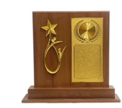 Wooden achievement trophy with golden accents; perfect for employee recognition.