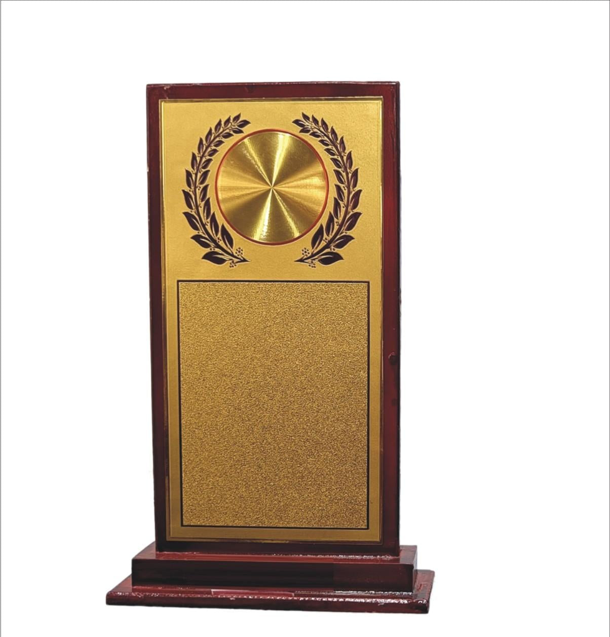 Elegant wooden memento trophy with gold plate; perfect for corporate recognition.