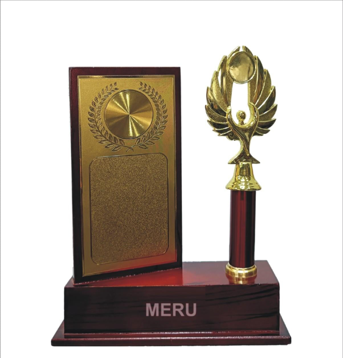 Wooden memento trophy with a golden figurine; perfect for awards and recognition.