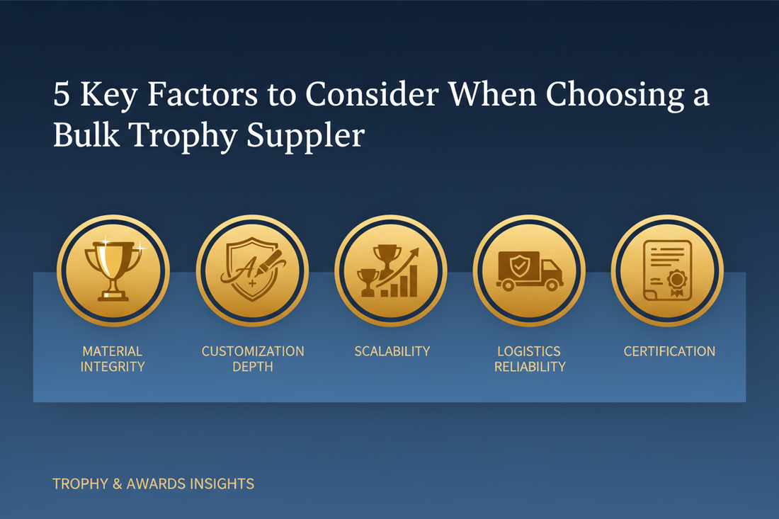 A premium crystal trophy with custom engraving displayed on a wooden base; representing top excellence from Meru Trophy.