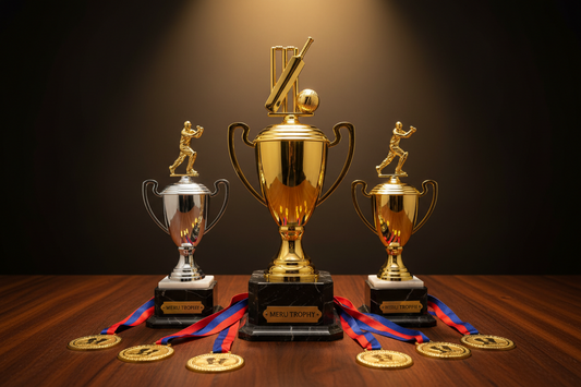 A collection of premium cricket trophies and gold medals used for school level cricket recognition and awards.