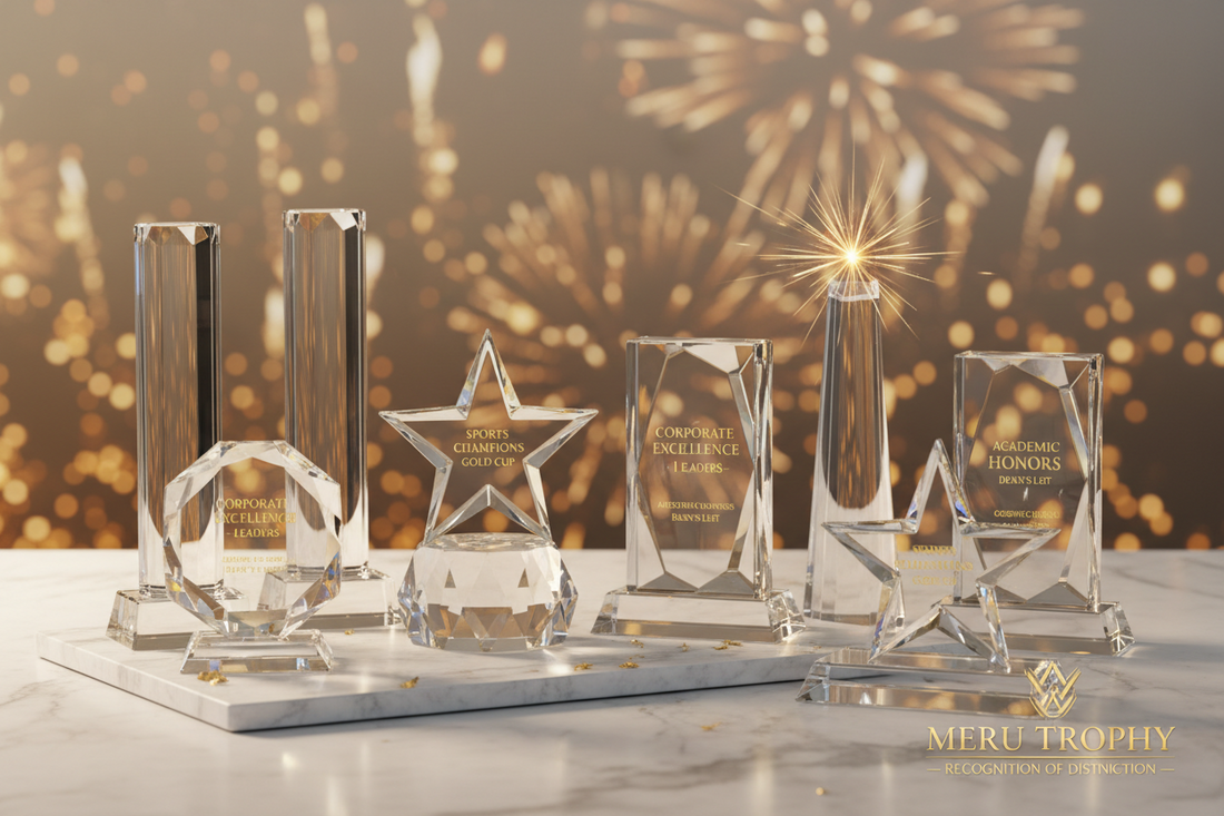 A collection of premium crystal trophies and customized awards from the Meru Trophy online shop for various celebrations.
