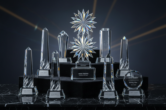 A high-quality glass trophy and crystal awards set for a professional corporate recognition awards ceremony.
