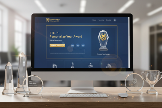 A professional guide showing how to upload a logo for custom crystal trophies and awards at Meru Trophy online shop.
