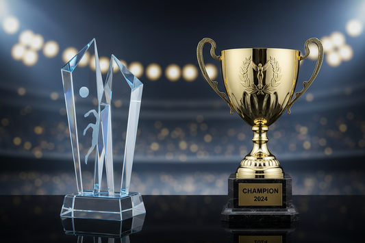 A premium acrylic trophy with a unique design displayed on a podium for a high-end sports championship event in India.