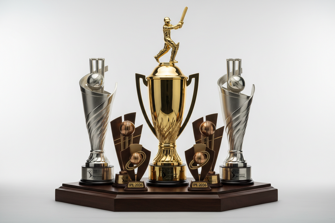 Stunning metal cricket trophy design from Meru Trophy; perfect for recognizing achievements in the IPL 2026 season tournaments and showcasing sports awards.