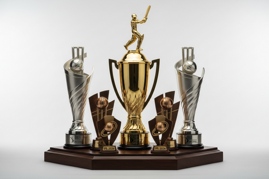 Stunning metal cricket trophy design from Meru Trophy; perfect for recognizing achievements in the IPL 2026 season tournaments and showcasing sports awards.